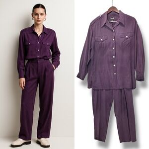 Vtg 90s Rafaella 100% Silk Purple‎ Shirt & Pants Set Sz 10/12 Minimalist Classic